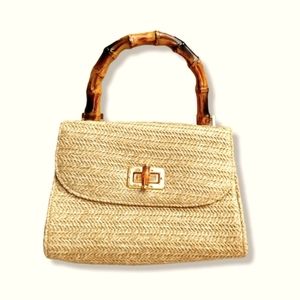 Mini straw bag wooden handle